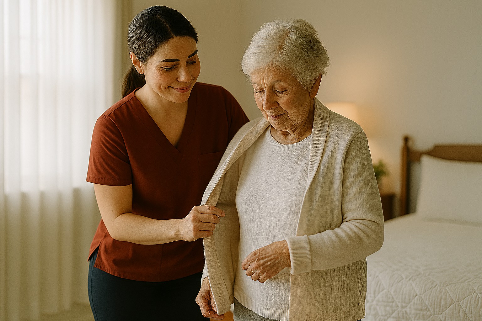 Grundpflege – Pflegerin hilft älterer Frau